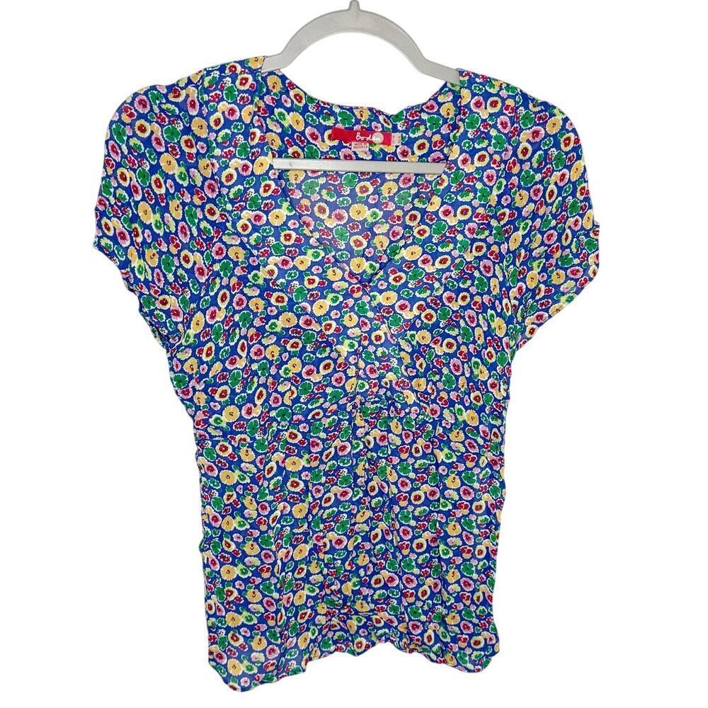 Boden V-Neck Floral Blouse Short Cap Sleeve Blue Multicolor Flowers Size 6